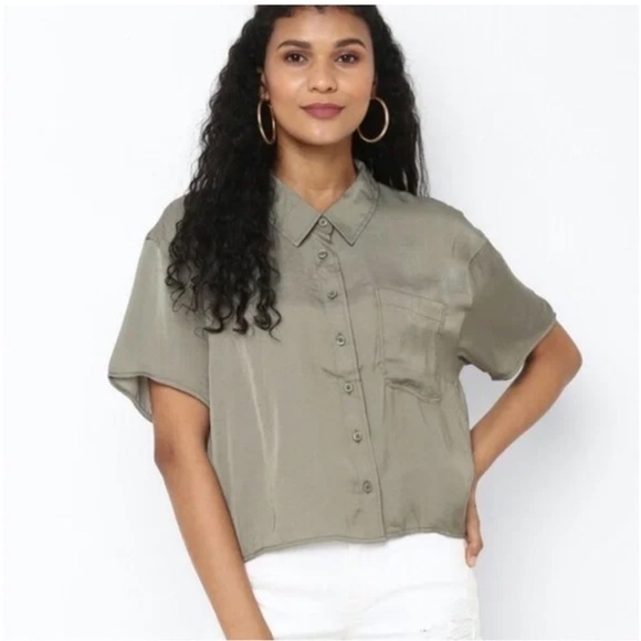 American Eagle Outfitters Tops - AE Satin Olive Green Button-Up Shirt